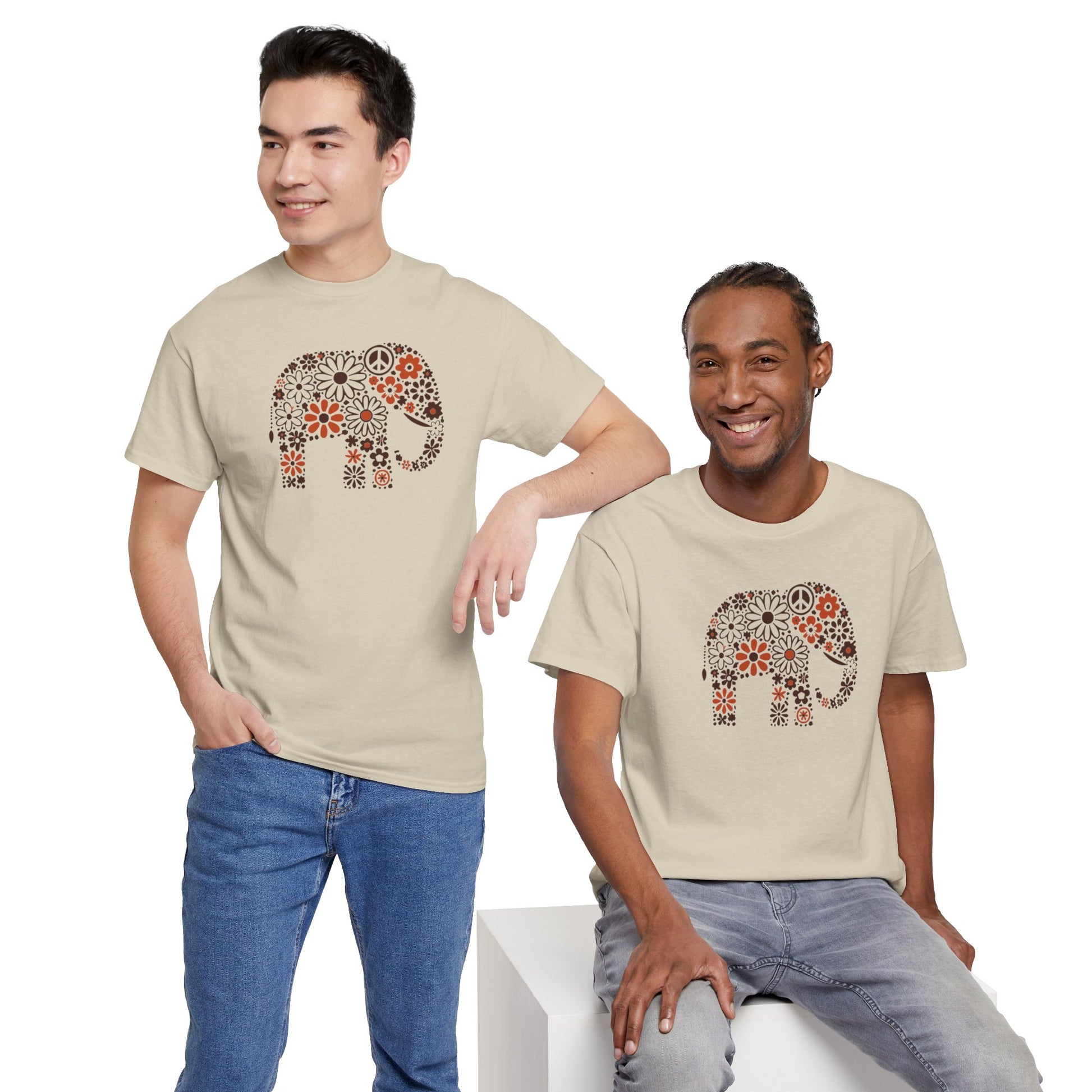 two men wearing sand color t-shirts with an image of an elephant created out of brown and orange floral design
